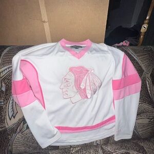 White and Pink Blackhawks Hockey Jersey